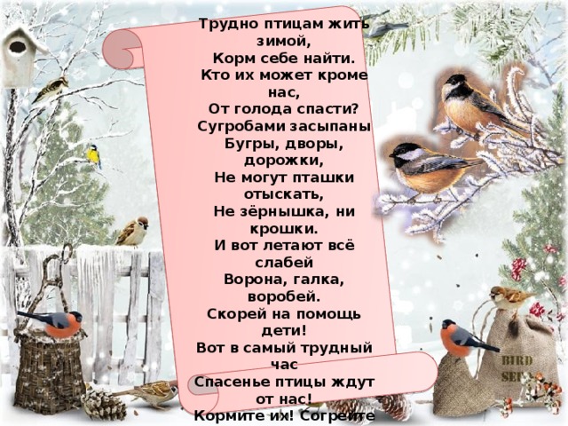 Трудно птицам жить зимой,  Корм себе найти.  Кто их может кроме нас,  От голода спасти?  Сугробами засыпаны  Бугры, дворы, дорожки,  Не могут пташки отыскать,  Не зёрнышка, ни крошки.  И вот летают всё слабей  Ворона, галка, воробей.  Скорей на помощь дети!  Вот в самый трудный час  Спасенье птицы ждут от нас!  Кормите их! Согрейте их!  Повести домик на суку,  Рассыпьте крошки на снегу,  А то и манной кашки…  И оживут бедняжки.  По небу весело скользя,  Взлетят пернатые друзья.  И пропоют, чирикая:   «Спасибо вам великое!»