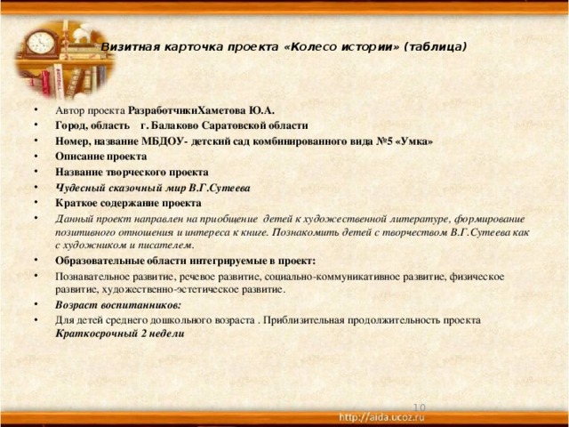 Визитная карточка проекта «Колесо истории» (таблица)   Автор проекта Разработчики  Хаметова Ю.А. Город, область  г. Балаково Саратовской области Номер, название МБДОУ- детский сад комбинированного вида №5 «Умка» Описание проекта Название творческого проекта Чудесный сказочный мир В.Г.Сутеева Краткое содержание проекта Данный проект направлен на приобщение детей к художественной литературе, формирование позитивного отношения и интереса к книге. Познакомить детей с творчеством В.Г.Сутеева как с художником и писателем. Образовательные области интегрируемые в проект: Познавательное развитие, речевое развитие, социально-коммуникативное развитие, физическое развитие, художественно-эстетическое развитие. Возраст воспитанников: Для детей среднего дошкольного возраста . Приблизительная продолжительность проекта Краткосрочный 2 недели  