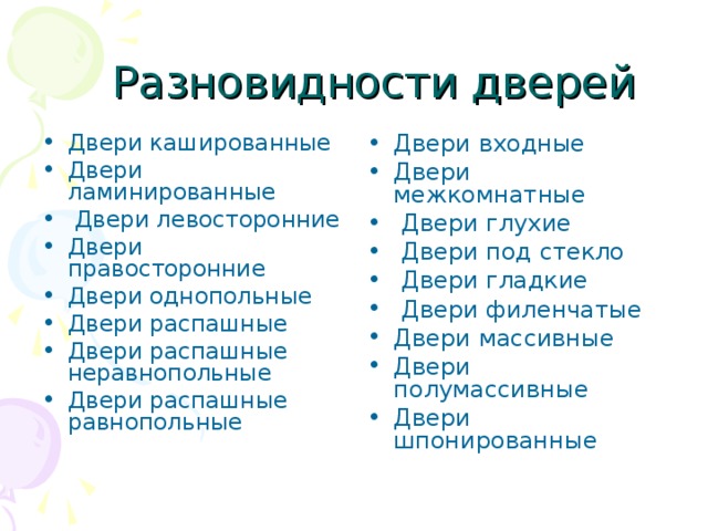 Двери кашированные Двери ламинированные  Двери левосторонние Двери правосторонние Двери однопольные Двери распашные Двери распашные неравнопольные Двери распашные равнопольные Двери входные Двери межкомнатные  Двери глухие  Двери под стекло  Двери гладкие  Двери филенчатые Двери массивные Двери полумассивные Двери шпонированные 