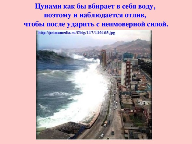 Цунами как бы вбирает в себя воду, поэтому и наблюдается отлив, чтобы после ударить с неимоверной силой. 