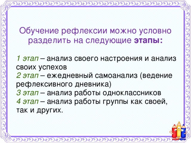 Обучение рефлексии можно условно разделить на следующие этапы:     1 этап – анализ своего настроения и анализ своих успехов  2 этап – ежедневный самоанализ (ведение рефлексивного дневника)  3 этап – анализ работы одноклассников  4 этап – анализ работы группы как своей, так и других. 