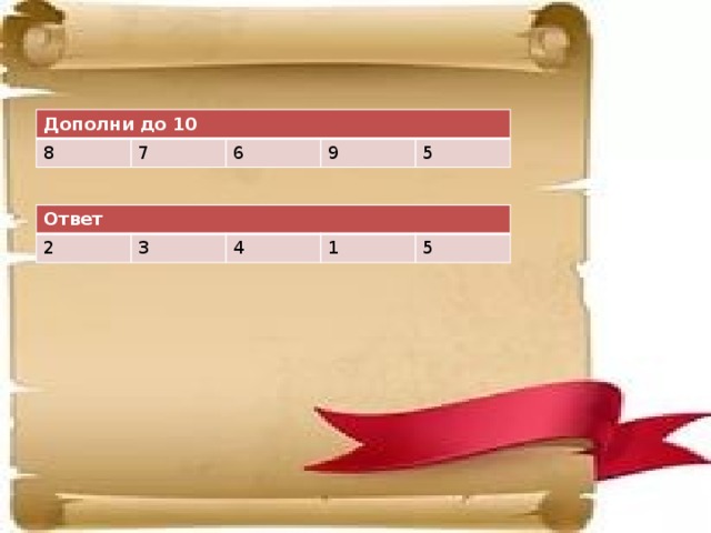 Дополни до 10 8 7 6 9 5 Ответ 2 3 4 1 5 