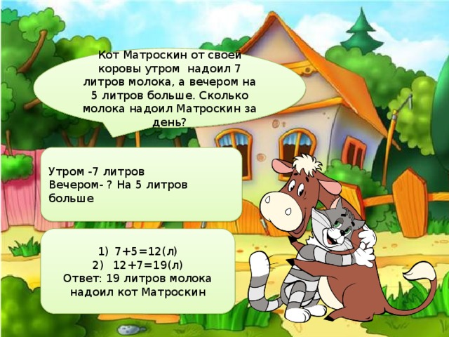 Кот Матроскин от своей коровы утром надоил 7 литров молока, а вечером на 5 литров больше. Сколько молока надоил Матроскин за день? Утром -7 литров Вечером- ? На 5 литров больше 7+5=12(л)  12+7=19(л) Ответ: 19 литров молока надоил кот Матроскин 