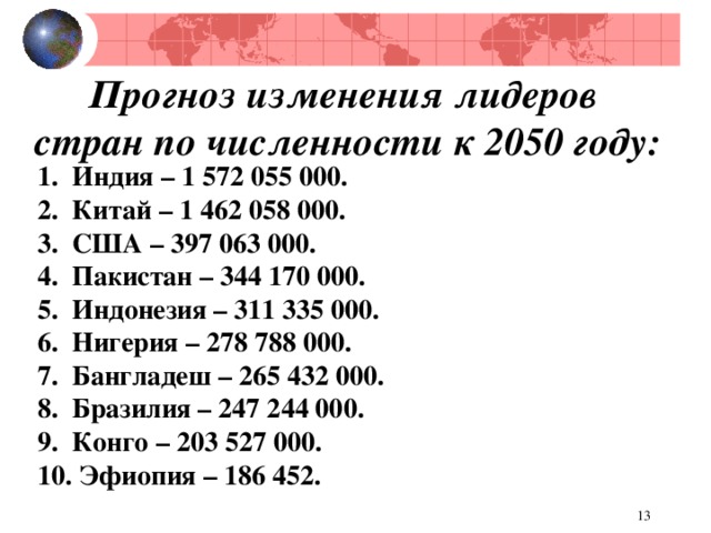  Прогноз изменения лидеров  стран по численности к 2050 году:   1. Индия – 1 572 055 000. 2. Китай – 1 462 058 000. 3. США – 397 063 000. 4. Пакистан – 344 170 000. 5. Индонезия – 311 335 000. 6. Нигерия – 278 788 000. 7. Бангладеш – 265 432 000. 8. Бразилия – 247 244 000. 9. Конго – 203 527 000. 10. Эфиопия – 186 452.  