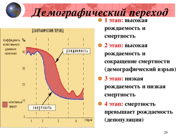 Демографический переход 1 этап: высокая рождаемость и смертность 2 этап: высокая рождаемость и сокращение смертности (демографический взрыв) 3 этап: низкая рождаемость и низкая смертность 4 этап: смертность превышает рождаемость (депопуляция)    