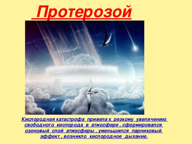 Протерозой  Кислородная катастрофа привела к резкому увеличению свободного кислорода в атмосфере , сформировался озоновый слой атмосферы , уменьшился парниковый эффект , возникло кислородное дыхание. 