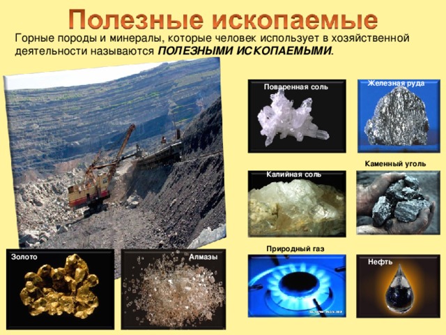 Горные породы и минералы, которые человек использует в хозяйственной деятельности называются ПОЛЕЗНЫМИ ИСКОПАЕМЫМИ . Железная руда Поваренная соль Каменный уголь Калийная соль Природный газ Золото Алмазы Нефть 