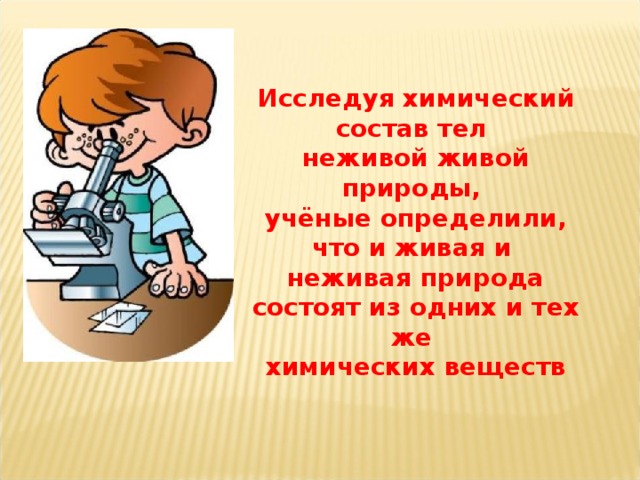 Исследуя химический состав тел неживой живой природы, учёные определили, что и живая и неживая природа состоят из одних и тех же химических веществ 