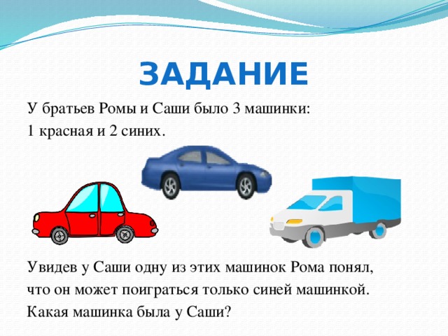 Задание У братьев Ромы и Саши было 3 машинки: 1 красная и 2 синих. Увидев у Саши одну из этих машинок Рома понял, что он может поиграться только синей машинкой. Какая машинка была у Саши? красной  