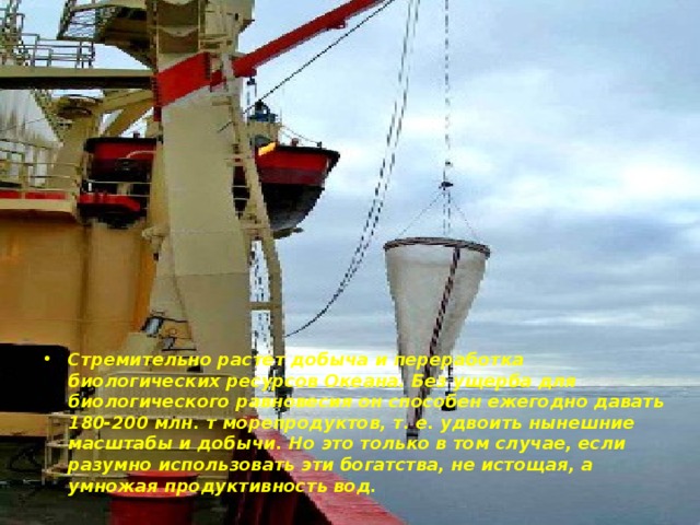 Стремительно растет добыча и переработка биологических ресурсов Океана. Без ущерба для биологического равновесия он способен ежегодно давать 180-200 млн. т морепродуктов, т. е. удвоить нынешние масштабы и добычи. Но это только в том случае, если разумно использовать эти богатства, не истощая, а умножая продуктивность вод.