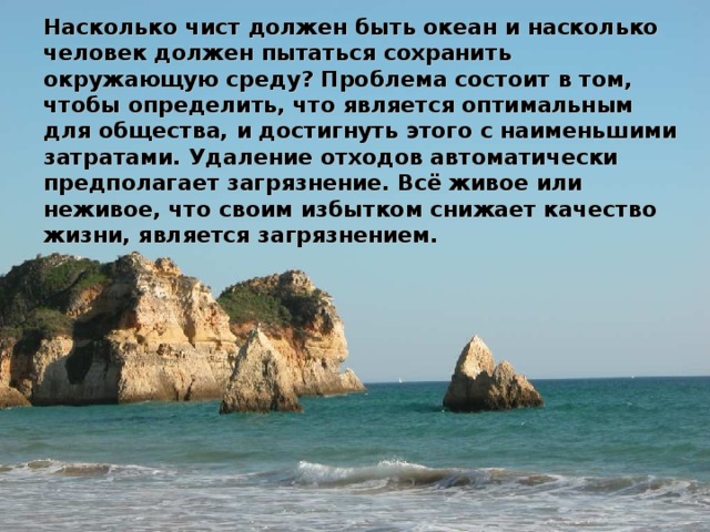 Насколько чист должен быть океан и насколько человек должен пытаться сохранить окружающую среду? Проблема состоит в том, чтобы определить, что является оптимальным для общества, и достигнуть этого с наименьшими затратами. Удаление отходов автоматически предполагает загрязнение. Всё живое или неживое, что своим избытком снижает качество жизни, является загрязнением.