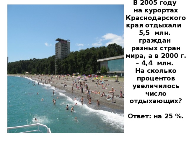В 2005 году на курортах Краснодарского края отдыхали 5,5 млн. граждан разных стран мира, а в 2000 г. – 4,4 млн. На сколько процентов увеличилось число отдыхающих?  Ответ: на 25 %.