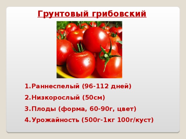Грунтовый грибовский Раннеспелый (96-112 дней) Низкорослый (50см) Плоды (форма, 60-90г, цвет) Урожайность (500г-1кг 100г/куст)  