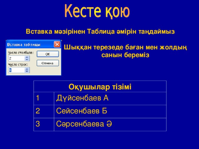 Вставка мәзірінен Таблица әмірін таңдаймыз Шыққан терезеде баған мен жолдың санын береміз Оқушылар тізімі 1 2 Дүйсенбаев А Сейсенбаев Б 3 Сәрсенбаева Ә