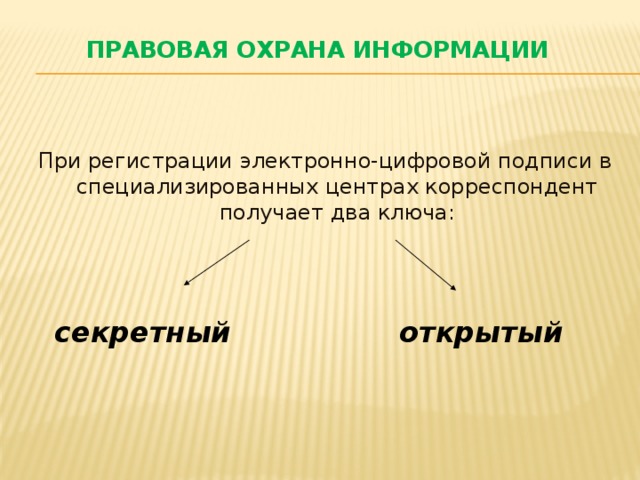 Правовая охрана информации При регистрации электронно-цифровой подписи в специализированных центрах корреспондент получает два ключа: секретный открытый