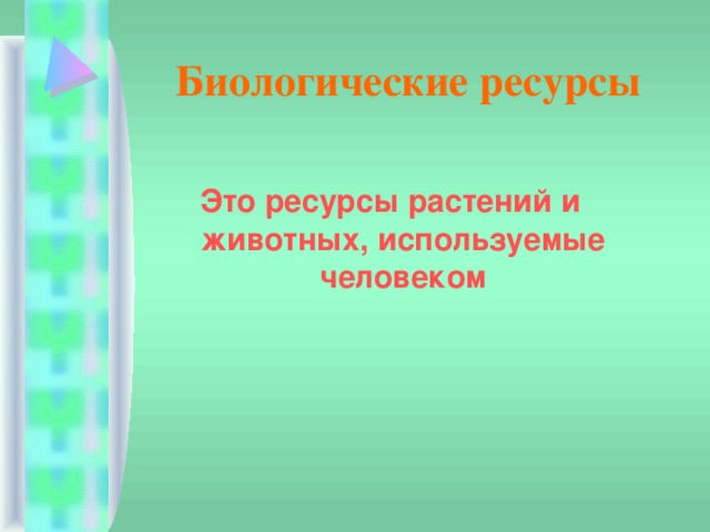 Биологические ресурсы Это ресурсы растений и животных, используемые человеком 