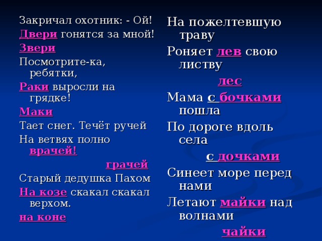 Закричал охотник: - Ой! Двери гонятся за мной! Звери Посмотрите-ка, ребятки, Раки выросли на грядке! Маки Тает снег. Течёт ручей На ветвях полно врачей!   грачей Старый дедушка Пахом На козе скакал скакал верхом. на коне На пожелтевшую траву Роняет лев свою листву  лес Мама с бочками  пошла По дороге вдоль села  с дочками Синеет море перед нами Летают майки над волнами  чайки