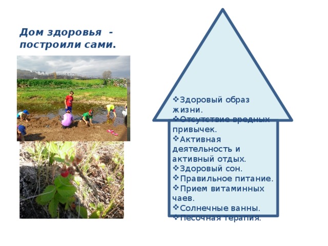 Дом здоровья - построили сами. Здоровый образ жизни. Отсутствие вредных привычек. Активная деятельность и активный отдых. Здоровый сон. Правильное питание. Прием витаминных чаев. Солнечные ванны. Песочная терапия. 