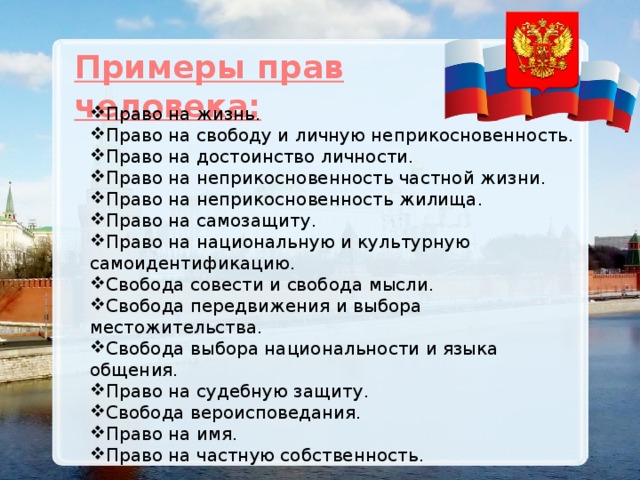 Примеры прав человека: Право на жизнь. Право на свободу и личную неприкосновенность. Право на достоинство личности. Право на неприкосновенность частной жизни. Право на неприкосновенность жилища. Право на самозащиту. Право на национальную и культурную самоидентификацию. Свобода совести и свобода мысли. Свобода передвижения и выбора местожительства. Свобода выбора национальности и языка общения. Право на судебную защиту. Свобода вероисповедания. Право на имя. Право на частную собственность. 
