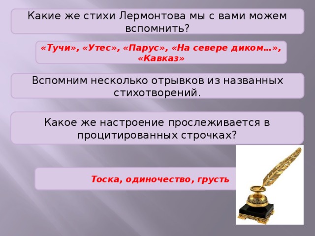 Какие же стихи Лермонтова мы с вами можем вспомнить? «Тучи», «Утес», «Парус», «На севере диком…», «Кавказ» Вспомним несколько отрывков из названных стихотворений. Какое же настроение прослеживается в процитированных строчках? Тоска, одиночество, грусть 