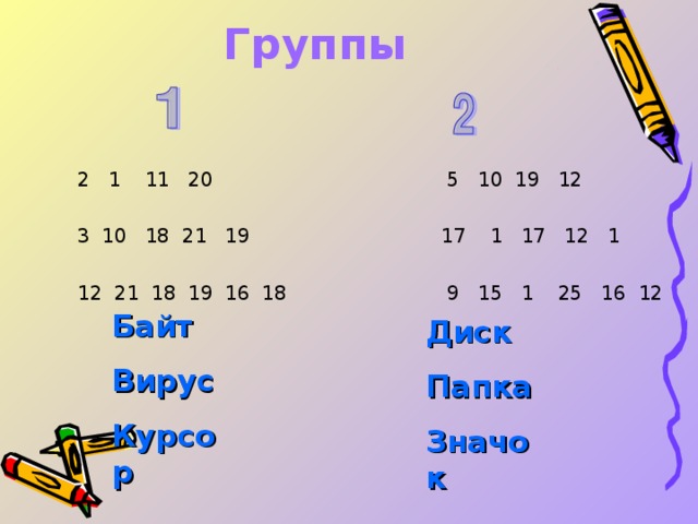 Группы       2 1 11 20  5 10 19 12  3 10 18 21 19  17 1 17 12 1  12 21 18 19 16 18  9 15 1 25  16 12 Байт Вирус Курсор  Диск Папка Значок  