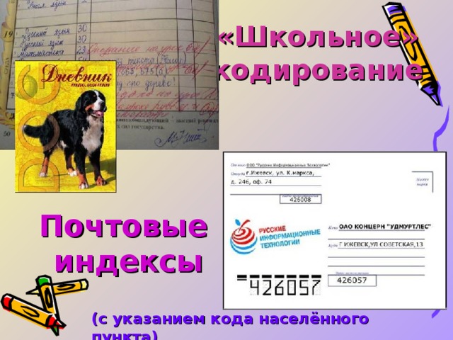 «Школьное» кодирование Почтовые индексы (с указанием кода населённого пункта) 