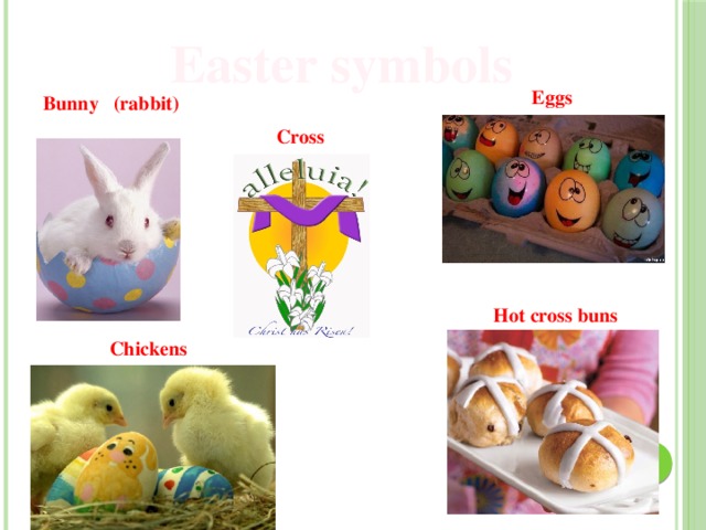 Easter symbols  Eggs Bunny (rabbit) Cross Hot cross buns Chickens 