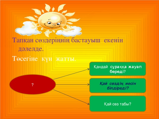 Тапқан сөздеріңнің бастауыш екенін дәлелде. Төсегіне күн жатты. Қандай сұраққа жауап береді ? ? Қай сөздің иесін білдіреді? Қай сөз табы? 