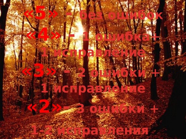 «5» - без ошибок  «4» - 1 ошибка+  1 исправление  «3» - 2 ошибки +  1 исправление  «2» - 3 ошибки +  1-2 исправления  