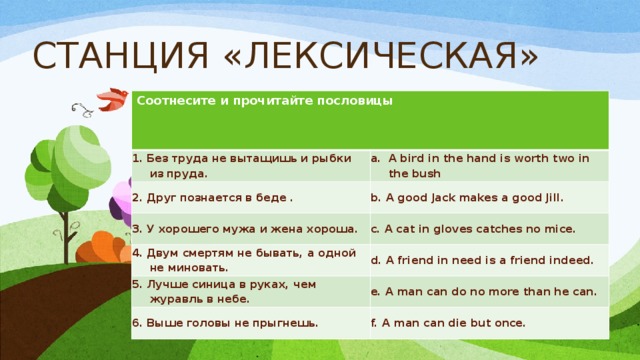 СТАНЦИЯ «ЛЕКСИЧЕСКАЯ» Соотнесите и прочитайте пословицы  1. Без труда не вытащишь и рыбки из пруда. A bird in the hand is worth two in the bush  2. Друг познается в беде . b. A good Jack makes a good Jill. 3. У хорошего мужа и жена хороша. c. A cat in gloves catches no mice. 4. Двум смертям не бывать, а одной не миновать. d. A friend in need is a friend indeed. 5. Лучше синица в руках, чем журавль в небе. e. A man can do no more than he can. 6. Выше головы не прыгнешь. f. A man can die but once. 