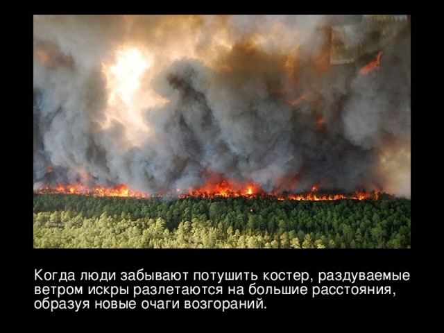 Когда люди забывают потушить костер, раздуваемые ветром искры разлетаются на большие расстояния, образуя новые очаги возгораний. 