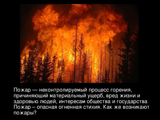 Пожар — неконтролируемый процесс горения, причиняющий материальный ущерб, вред жизни и здоровью людей, интересам общества и государства Пожар – опасная огненная стихия. Как же возникают пожары? 