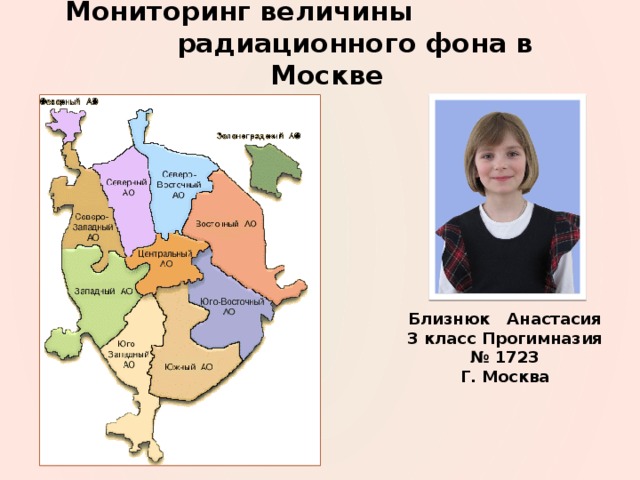 Мониторинг величины радиационного фона в Москве Близнюк Анастасия 3 класс Прогимназия № 1723 Г. Москва 