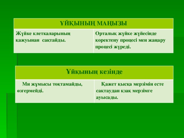 ҰЙҚЫНЫҢ МАҢЫЗЫ Жүйке клеткаларының қажуынан сақтайды. Орталық жүйке жүйесінде қоректену процесі мен жаңару процесі жүреді. Ұйқының кезінде  Ми жұмысы тоқтамайды, өзгермейді.   Қажет қысқа мерзімін есте сақтаудан қзақ мерзімге ауысады. 