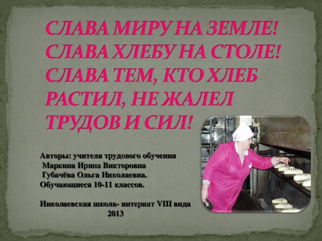 Авторы: учителя трудового обучения  Маркина Ирина Викторовна  Губачёва Ольга Николаевна. Обучающиеся 10-11 классов.  Николаевская школа- интернат VIII вида 2013 