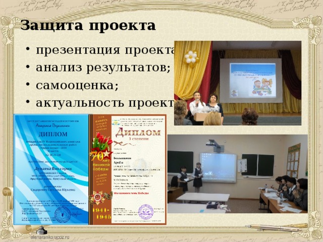 Защита проекта   презентация проекта; анализ результатов; самооценка; актуальность проекта. презентация проекта; анализ результатов; самооценка; актуальность проекта. 
