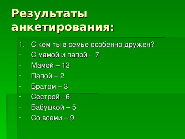 С кем ты в семье особенно дружен? С мамой и папой – 7 Мамой – 13 Папой – 2 Братом – 3 Сестрой –6 Бабушкой – 5 Со всеми – 9 