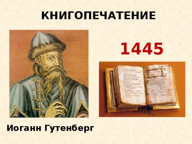 КНИГОПЕЧАТЕНИЕ 1445 год Иоганн Гутенберг 
