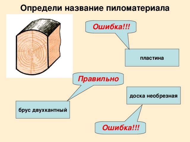 Определи название пиломатериала Ошибка!!! пластина Правильно доска необрезная брус двухкантный Ошибка!!!