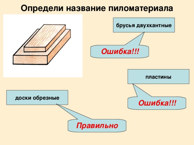 Определи название пиломатериала брусья двухкантные Ошибка!!! пластины доски обрезные Ошибка!!! Правильно
