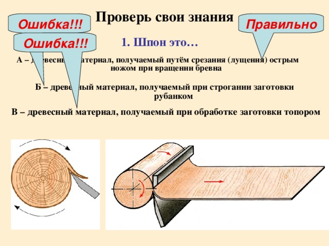 Проверь свои знания Правильно Ошибка!!! 1. Шпон это… Ошибка!!! А – древесный материал, получаемый путём срезания (лущения) острым ножом при вращении бревна  Б – древесный материал, получаемый при строгании заготовки рубанком В – древесный материал, получаемый при обработке заготовки топором