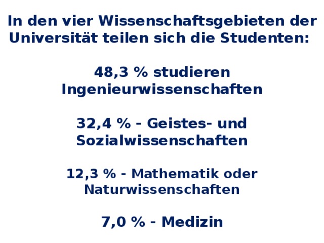 In den vier Wissenschaftsgebieten der Universität teilen sich die Studenten:   48,3 % studieren Ingenieurwissenschaften   32,4 % - Geistes- und Sozialwissenschaften    12,3 % - Mathematik oder Naturwissenschaften    7,0 % - Medizin 