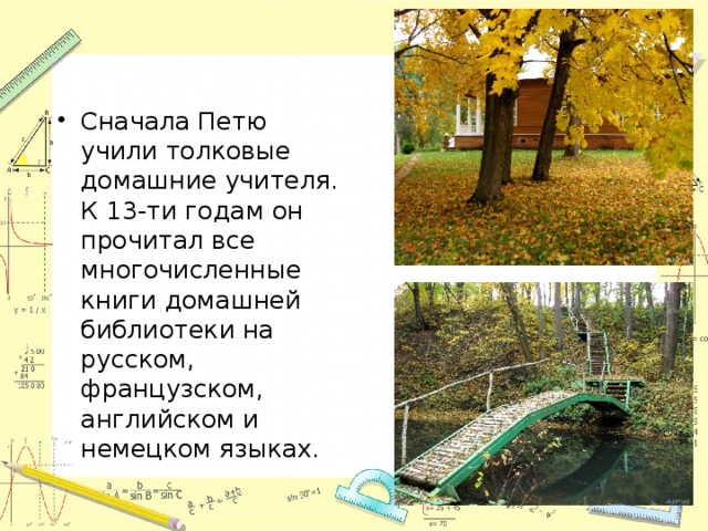 Сначала Петю учили толковые домашние учителя. К 13-ти годам он прочитал все многочисленные книги домашней библиотеки на русском, французском, английском и немецком языках. 