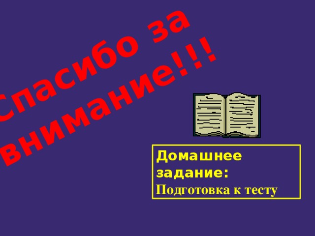 Спасибо за внимание!!! Домашнее задание: Подготовка к тесту 