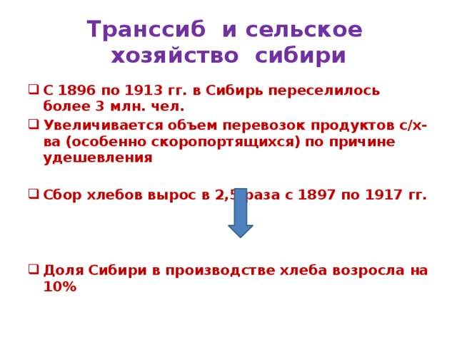 Транссиб и сельское хозяйство сибири С 1896 по 1913 гг. в Сибирь переселилось более 3 млн. чел. Увеличивается объем перевозок продуктов с/х-ва (особенно скоропортящихся) по причине удешевления  Сбор хлебов вырос в 2,5 раза с 1897 по 1917 гг.    Доля Сибири в производстве хлеба возросла на 10% 