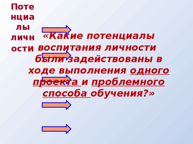 Потенциалы личност и Познавательный потенциал Познавательный потенциал «Какие потенциалы воспитания личности были задействованы в ходе выполнения одного проекта и проблемного способа обучения?» Морально-нравственный Морально-нравственный Творческий потенциал Творческий потенциал Коммуникативный потенциал Коммуникативный потенциал Эстетический потенциал Эстетический потенциал