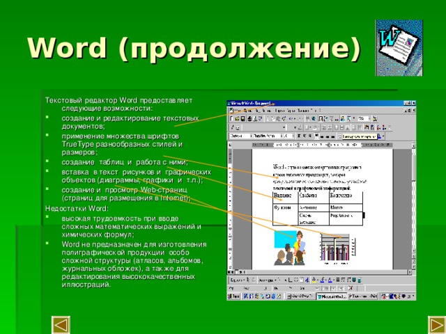 Word (продолжение) Текстовый редактор Word предоставляет следующие возможности: создание и редактирование текстовых документов; применение множества шрифтов TrueType разнообразных стилей и размеров; создание таблиц и работа с ними; вставка в текст рисунков и графических объектов (диаграммы, графики и т.п.); создание и просмотр Web -страниц (страниц для размещения в Internet); Недостатки Word : высокая трудоемкость при вводе сложных математических выражений и химических формул; Word не предназначен для изготовления полиграфической продукции особо сложной структуры (атласов, альбомов, журнальных обложек), а также для редактирования высококачественных иллюстраций. 