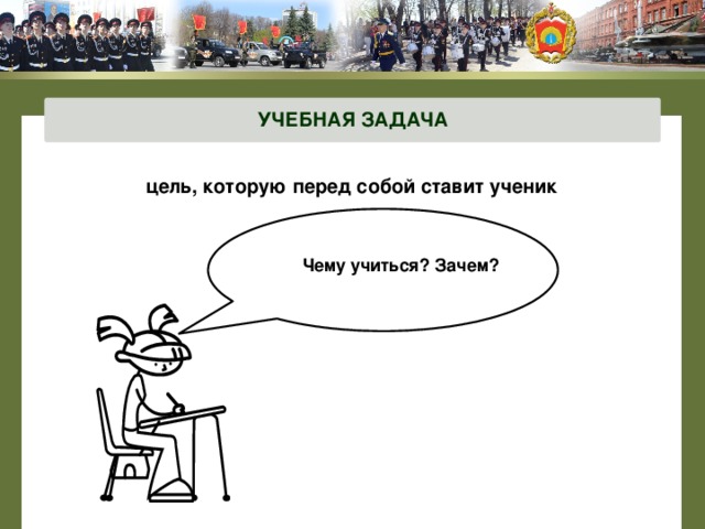 УЧЕБНАЯ ЗАДАЧА цель, которую перед собой ставит ученик  Чему учиться? Зачем? 