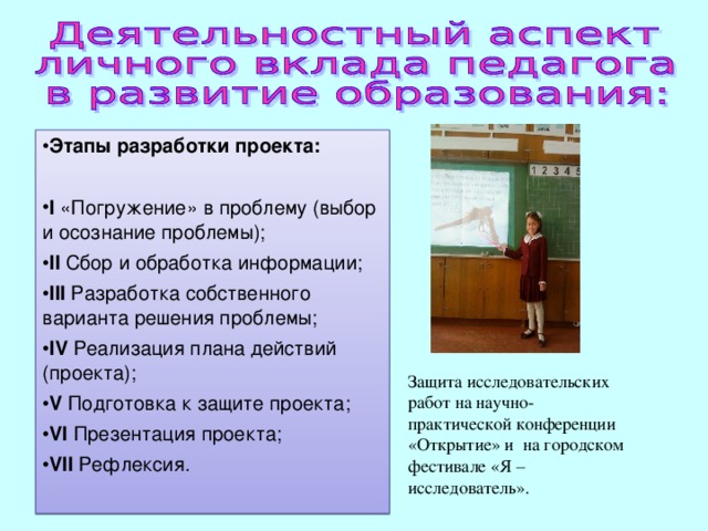 Этапы разработки проекта:  I «Погружение» в проблему (выбор и осознание проблемы); II Сбор и обработка информации; III Разработка собственного варианта решения проблемы; IV Реализация плана действий (проекта); V Подготовка к защите проекта; VI Презентация проекта; VII Рефлексия. Защита исследовательских работ на научно-практической конференции «Открытие» и на городском фестивале «Я – исследователь». 