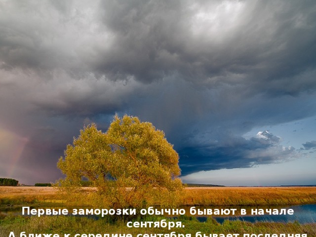 Первые заморозки обычно бывают в начале сентября. А ближе к середине сентября бывает последняя гроза. 
